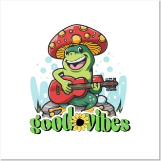good vibes , funny mushroom frog playing guitar Posters and Art